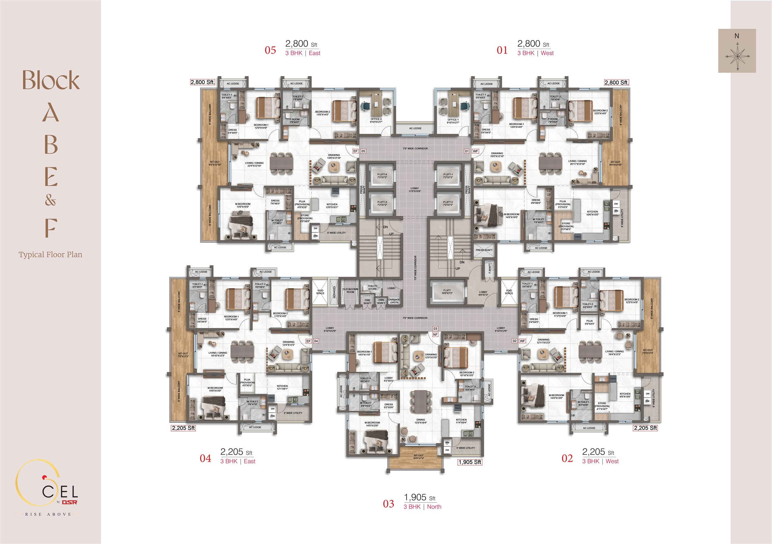 DSR CIEL typical floor plan for Blocks A, B, E & F